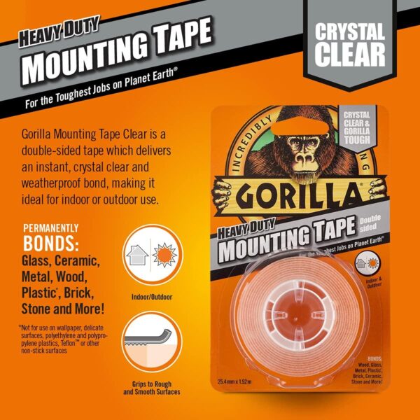 Gorilla Crystal Clear Mounting Tape 25mm x 1.5m (24 Pack) – Heavy-Duty, Double-Sided Adhesive for Secure Mounting 3 Gorilla Crystal Clear Mounting Tape 25mm x 1.5m – Heavy-Duty, Double-Sided Adhesive for Secure Mounting