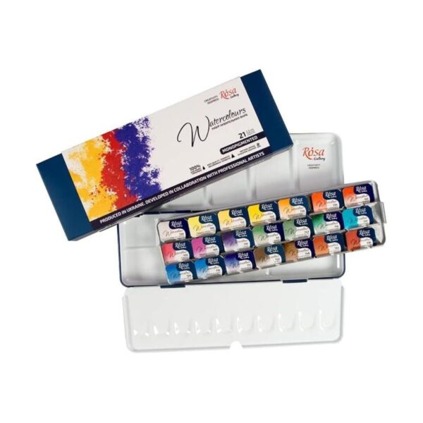 Rosa Gallery Watercolour Paints - Monopigmented 21 Assorted Full Pans in Indigo Metal Case 3 Rosa Gallery Watercolour Paints – Monopigmented 21 Assorted Full Pans in Indigo Metal Case
