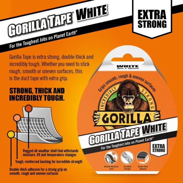 Gorilla Tape White 48mm x 10M – Heavy Duty, Weather-Resistant Duct Tape for Ultimate Holding Power