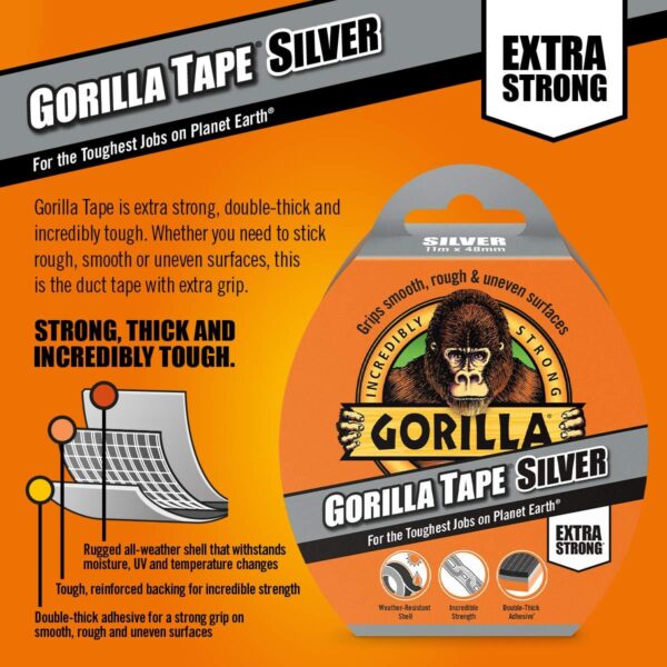 Gorilla Tape Silver 48mm x 11M – Heavy Duty, Weather-Resistant Duct Tape for Ultimate Holding Power