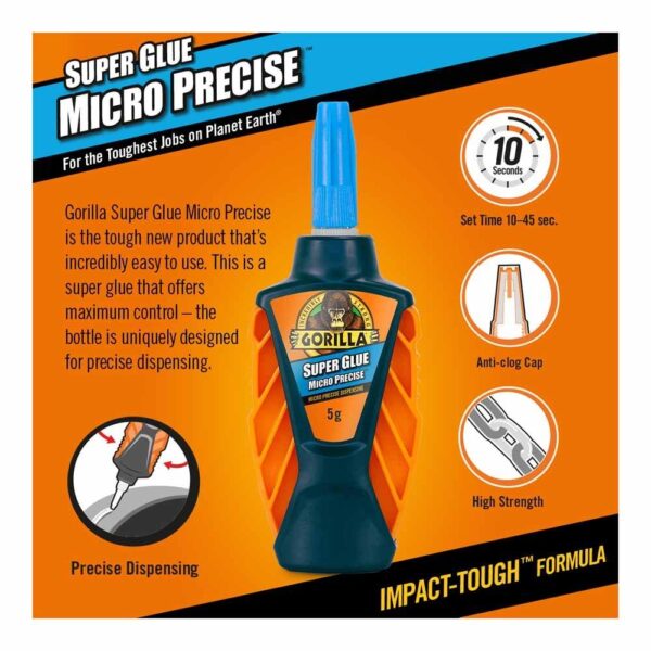 Gorilla Super Glue Micro Precise 5g – Fast-Setting, Impact-Tough Adhesive with Precision Applicator