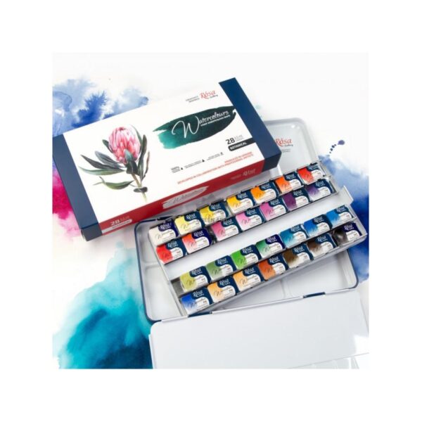 Rosa Gallery Botanical Watercolour Set – 28 Full Pans in Indigo Metal Case | Artist Paints for Floral & Nature Art