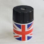 Jakar Single Hole Plastic Pencil Sharpener – Union Jack Printed Cylinder Bin (5030), Compact Design with Removable Bottom, Collects Shavings, Ideal for Artists, Designers & Students