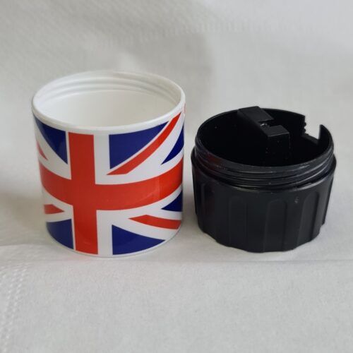 Jakar Single Hole Plastic Pencil Sharpener – Union Jack Printed Cylinder Bin (5030), Compact Design with Removable Bottom, Collects Shavings, Ideal for Artists, Designers & Students