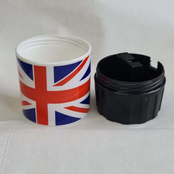 Jakar Single Hole Plastic Pencil Sharpener – Union Jack Printed Cylinder Bin (5030), Compact Design with Removable Bottom, Collects Shavings, Ideal for Artists, Designers & Students