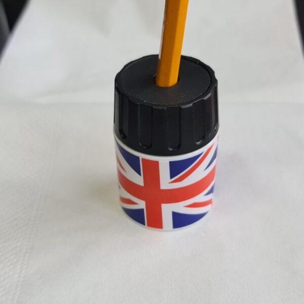 Jakar Single Hole Plastic Pencil Sharpener – Union Jack Printed Cylinder Bin (5030), Compact Design with Removable Bottom, Collects Shavings, Ideal for Artists, Designers & Students