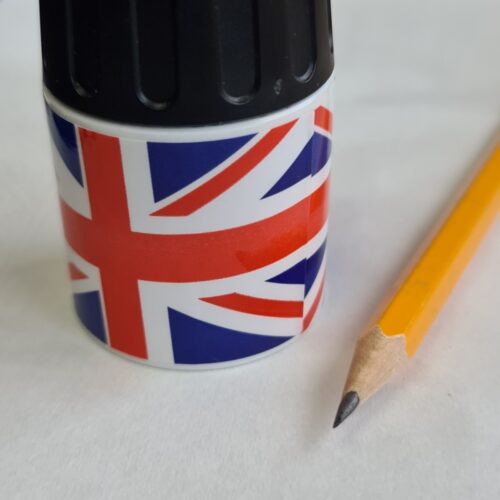 Jakar Single Hole Plastic Pencil Sharpener – Union Jack Printed Cylinder Bin (5030), Compact Design with Removable Bottom, Collects Shavings, Ideal for Artists, Designers & Students