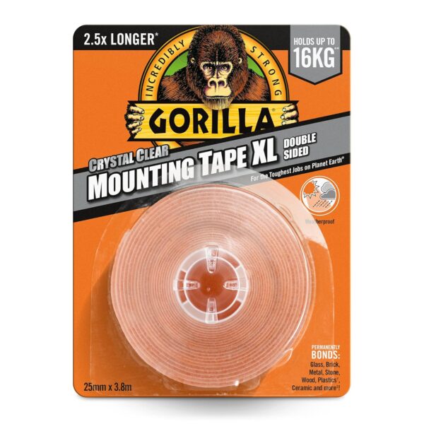 Gorilla Crystal Clear Mounting Tape 25mm x 3.8m – Heavy-Duty, Double-Sided Adhesive for Secure