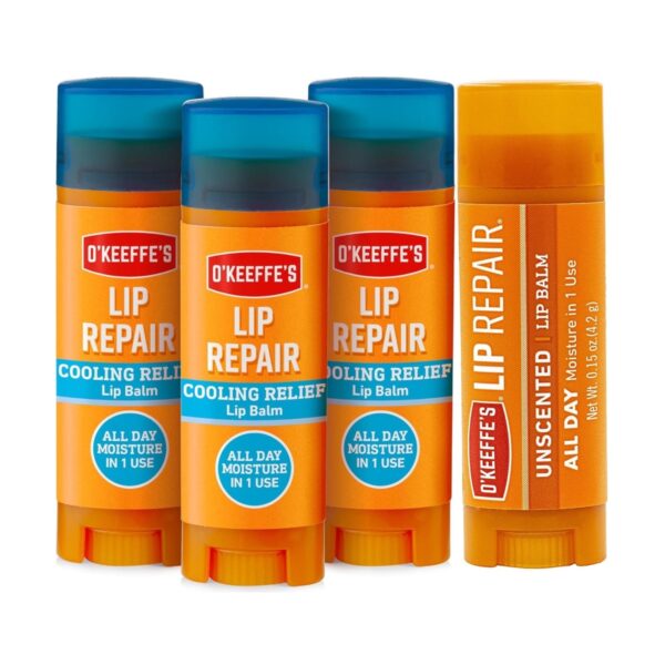 OKF-VP7 O’Keeffe’s Cooling Lip Balm (4.2g x 3) & Unscented Lip Balm (4.2g x 1) – Intensive Hydration & Relief for Dry, Cracked Lips