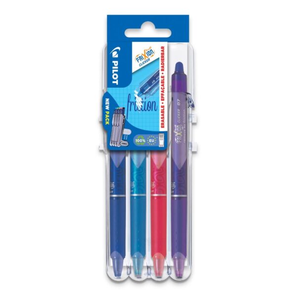 S2G-3456.jpg Pilot FriXion Erasable Clicker Pen Set – 4 Pens (Bright Blue, Light Blue, Pink, Violet) – 0.7mm Medium Tip – Smooth Writing & Easy Correction