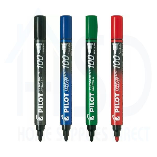 SCA-100-1725.jpg Pilot 100 Permanent Marker Set (Black, Blue, Green & Red) – 4.5mm Fine Bullet Point, Waterproof and UV Resistant