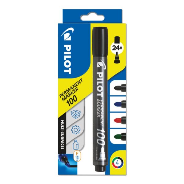 Pilot 100 Permanent Marker Set (Black, Blue, Green & Red) - 4.5mm Fine Bullet Point, Waterproof and UV Resistant 1 Pilot 100 Permanent Marker Set (Black, Blue, Green & Red) – 4.5mm Fine Bullet Point, Waterproof and UV Resistant
