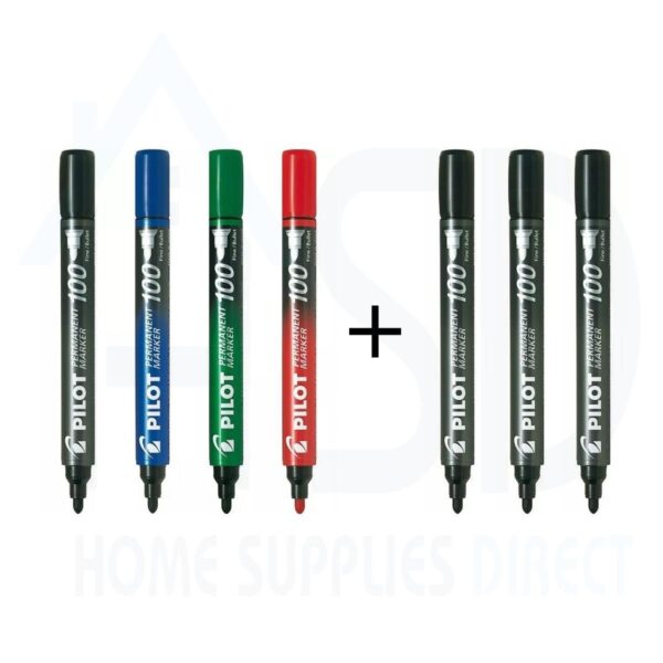 SCA-100-VP1.jpg Pilot 100 Permanent Marker Pack – 4.5mm Bullet Tip (Black, Blue, Green & Red) + Extra 3 Black Markers