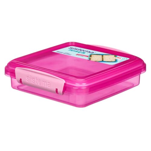 Sistema Lunch Sandwich Box 450ml (Pink) – BPA-Free Food Storage Container, Easy-Locking Clips, Freezer & Dishwasher Safe