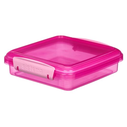 Sistema Lunch Sandwich Box 450ml (Pink) – BPA-Free Food Storage Container, Easy-Locking Clips, Freezer & Dishwasher Safe