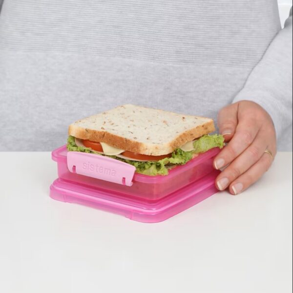 Sistema Lunch Sandwich Box 450ml (Pink) – BPA-Free Food Storage Container, Easy-Locking Clips, Freezer & Dishwasher Safe