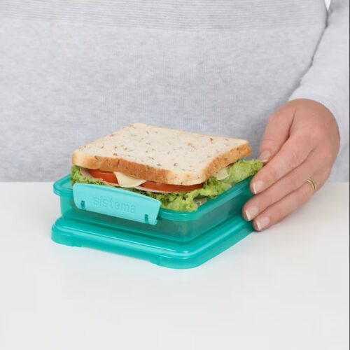 Sistema Lunch Sandwich Box 450ml (Turquoise) – BPA-Free Food Storage Container, Easy-Locking Clips, Freezer & Dishwasher Safe