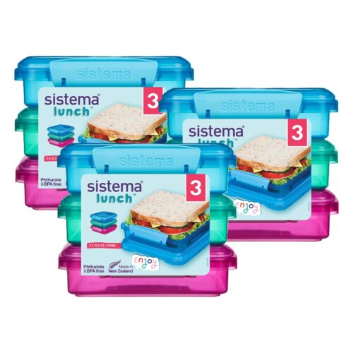 Sistema Lunch Sandwich Box 450ml (9 Pack) – 3 Turquoise, 3 Blue & 3 Pink, BPA-Free, Stackable Food Storage Containers