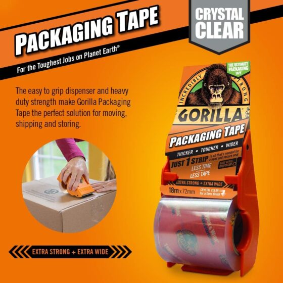Gorilla Packaging Tape Dispenser with 72mm x 18m Tape – Heavy Duty, Crystal Clear Sealing Tape