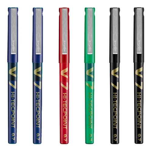 Pilot V7 Hi-Tecpoint Rollerball Pen Set – 6 Pens (Blue, Black, Red, Green) – 0.7mm Needle Tip – Smooth & Precise Liquid Ink Writing