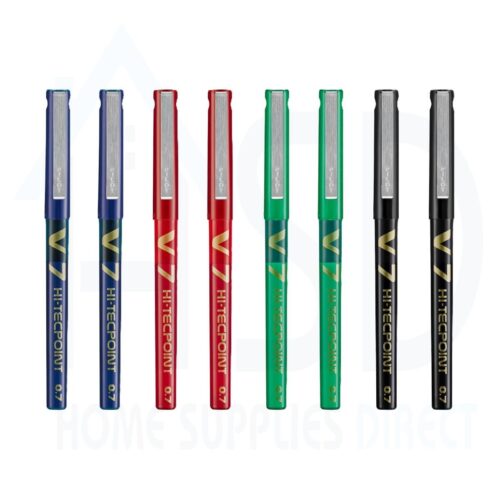 Pilot V7 6 Pen Set (2 Blue, Red, Green & 2 Black) Hi-Tecpoint 0.7mm Pen – Medium Needle Point for Accurate, Smooth Writing