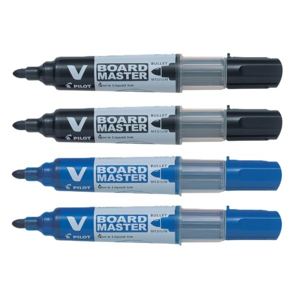 WBM-B-SET-1.jpg Pilot 4 (2 Blue + 2 Black) V Board Marker – Bullet Point Medium Marker for Vibrant Whiteboard Writing