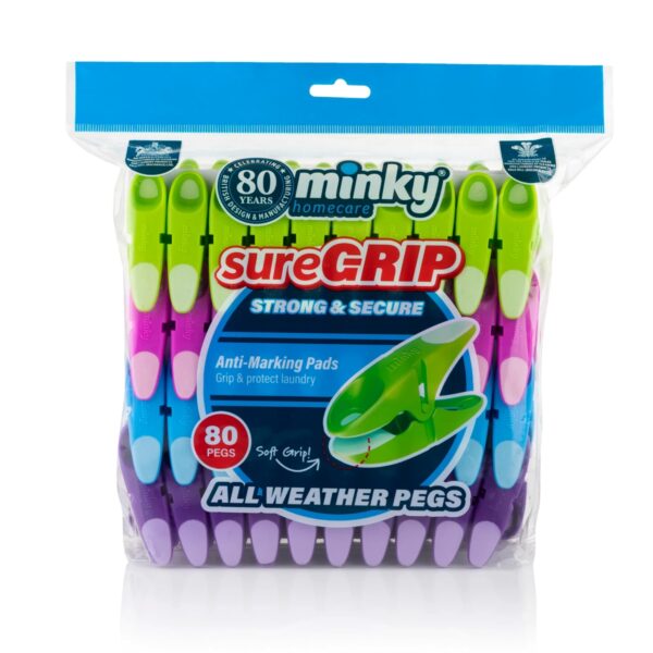 Minky SureGrip Pegs – Pack of 24 Assorted Colours, Durable Non-Slip Laundry Pegs