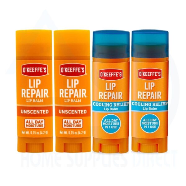 O’Keeffe’s Lip Repair Set – 2x Unscented & 2x Cooling Lip Balms (4.2g) for Dry, Cracked Lips