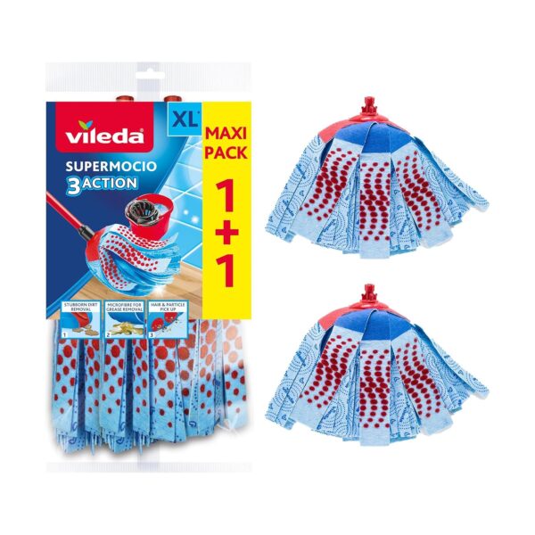 Vileda SuperMocio 3 Action XL Mop Refills (Pack of 2) – Fits All SuperMocio Mops, Replacement for Deep Floor Cleaning