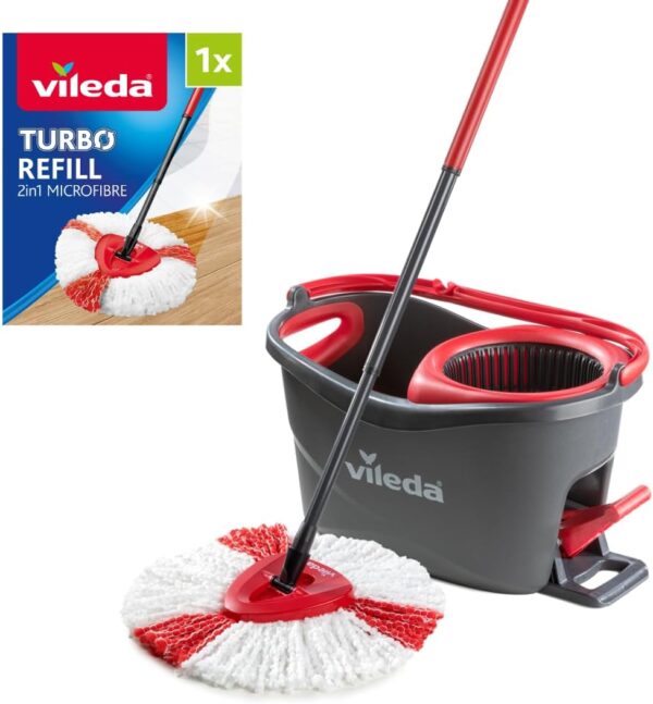 VLD-5189_1+4113 Vileda Easy Wring RinseClean Turbo Spin Mop & Bucket Set + Refill – Microfibre Mop for Streak-Free Cleaning