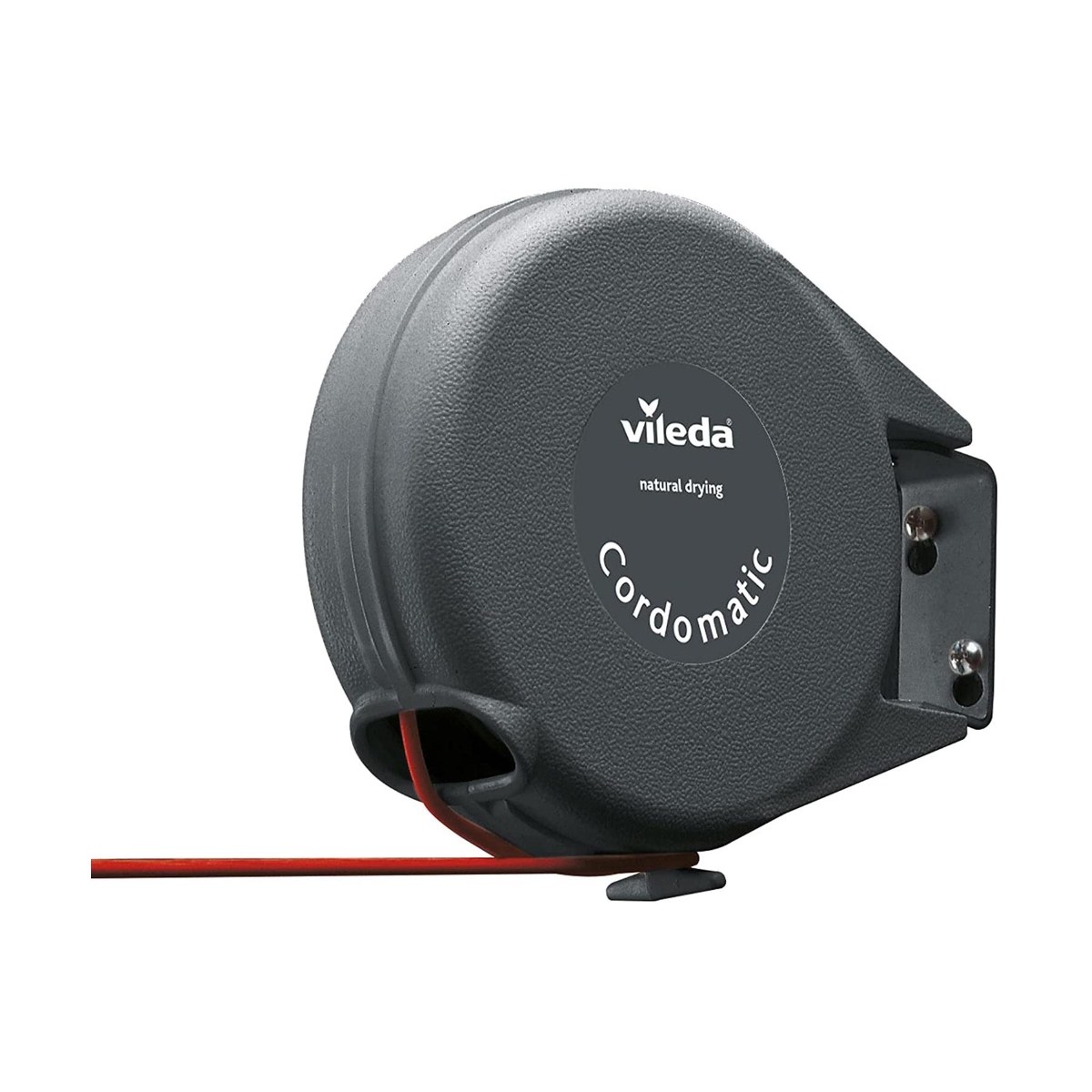Grey Vileda Cordomatic wall-mounted reel with red retractable washing line