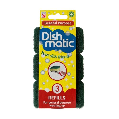 Dishmatic General Purpose Refill Sponge Heads (3 Pack, Green) – Heavy-Duty & Antibacterial Cleaning