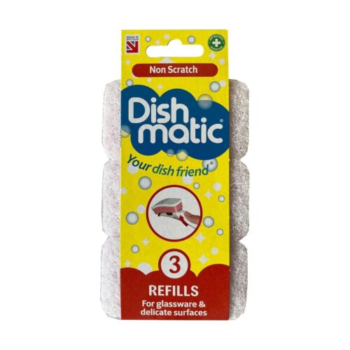 Dishmatic Non Scratch Refill Sponge Heads (3 Pack, White) – Gentle & Antibacterial Cleaning for Sensitive Surfaces