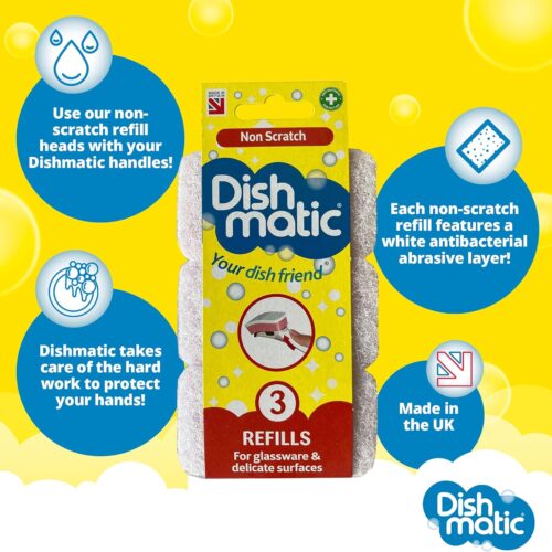 Dishmatic Non Scratch Refill Sponge Heads (3 Pack, White) – Gentle & Antibacterial Cleaning for Sensitive Surfaces 13 Dishmatic Non Scratch Refill Sponge Heads (3 Pack, White) – Gentle & Antibacterial Cleaning for Sensitive Surfaces