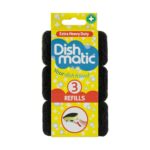 Dishmatic Extra Heavy Duty Refill Sponge Heads (3 Pack, Black) – Abrasive & Antibacterial Cleaning