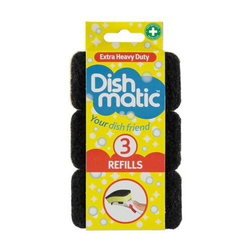Dishmatic Extra Heavy Duty Refill Sponge Heads (3 Pack, Black) – Abrasive & Antibacterial Cleaning