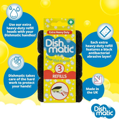 Dishmatic I-Stand Fillable Soap-Dispensing Washing-Up Handle with Black Sponge + 2 x 3-Pack Antibacterial Refill Sponges – Ergonomic & Heavy-Duty 15 Dishmatic Extra Heavy Duty Refill Sponge Heads (3 Pack, Black) – Abrasive & Antibacterial Cleaning
