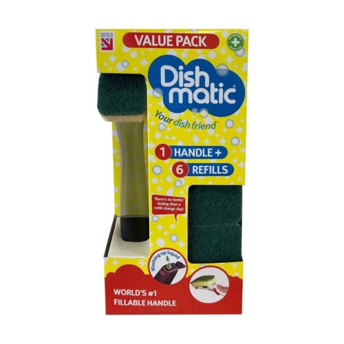 Dishmatic Essentials Bonus Pack – Fillable Handle + 6 General-Purpose Antibacterial Sponge Refills (Green)