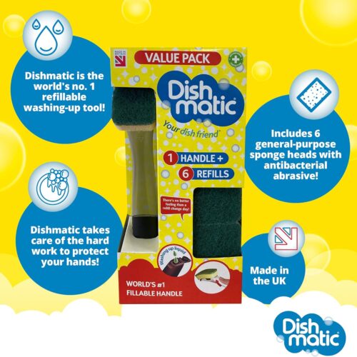 Dishmatic Essentials Bonus Pack – Fillable Handle + 6 General-Purpose Antibacterial Sponge Refills (Green) 12 Dishmatic Essentials Bonus Pack – Fillable Handle + 6 General-Purpose Antibacterial Sponge Refills (Green)