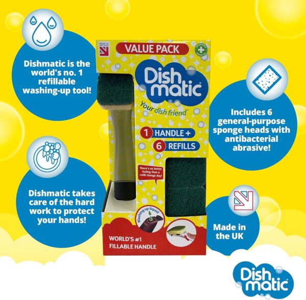 Dishmatic Essentials Bonus Pack – Fillable Handle + 6 General-Purpose Antibacterial Sponge Refills (Green) 3 Dishmatic Essentials Bonus Pack – Fillable Handle + 6 General-Purpose Antibacterial Sponge Refills (Green)