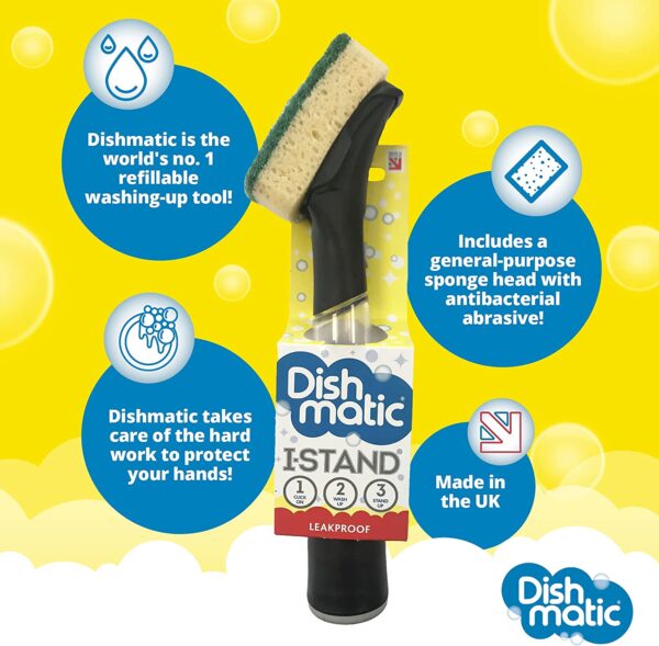 Dishmatic I-Stand Fillable Washing-Up Handle with Black Sponge – Ergonomic Grip & Soap Dispensing for Heavy-Duty Kitchen Cleaning 6 Dishmatic I-Stand Fillable Washing-Up Handle with Black Sponge – Ergonomic Grip & Soap Dispensing for Heavy-Duty Kitchen Cleaning