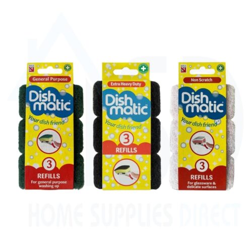 Dishmatic Refill Sponge Heads – 3-Pack (Green, Black, White) – Antibacterial, Heavy-Duty, Non-Scratch – Compatible with All Dishmatic Handles