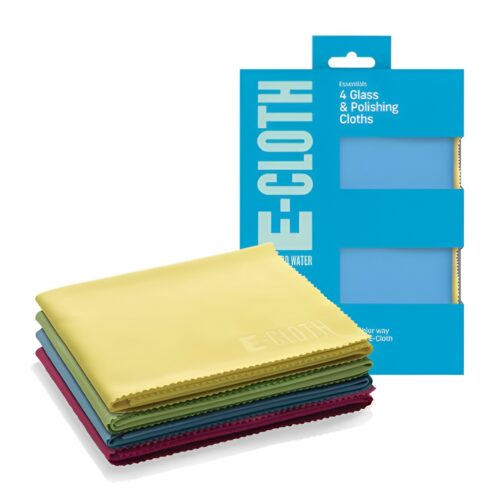 E-Cloth Glass & Polishing Cloths – 4 Pack Microfibre Set (Blue, Pink, Yellow & Green) – Streak-Free Cleaning