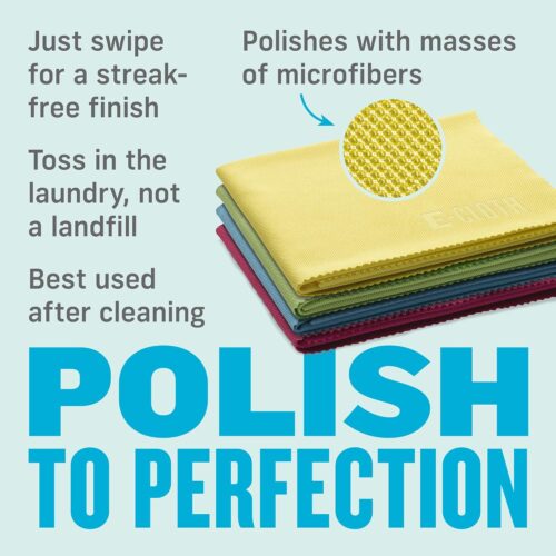 E-Cloth Glass & Polishing Cloths – 4 Pack Microfibre Set (Blue, Pink, Yellow & Green) – Streak-Free Cleaning