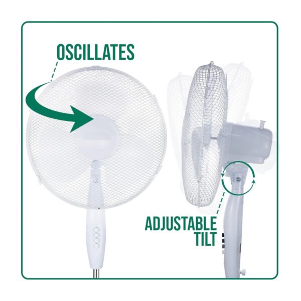 16" White Oscillating Pedestal Fan – Silent Motor, 3 Speed Settings, 70° Tilt & Oscillation – 45W 230V 3 16″ White Oscillating Pedestal Fan – Silent Motor, 3 Speed Settings, 70° Tilt & Oscillation – 45W 230V