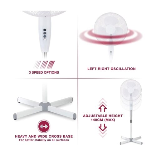16" White Oscillating Pedestal Fan – Silent Motor, 3 Speed Settings, 70° Tilt & Oscillation – 45W 230V 12 16″ White Oscillating Pedestal Fan – Silent Motor, 3 Speed Settings, 70° Tilt & Oscillation – 45W 230V