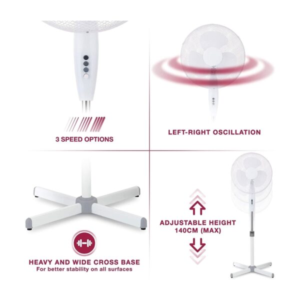 16" White Oscillating Pedestal Fan – Silent Motor, 3 Speed Settings, 70° Tilt & Oscillation – 45W 230V 5 16″ White Oscillating Pedestal Fan – Silent Motor, 3 Speed Settings, 70° Tilt & Oscillation – 45W 230V