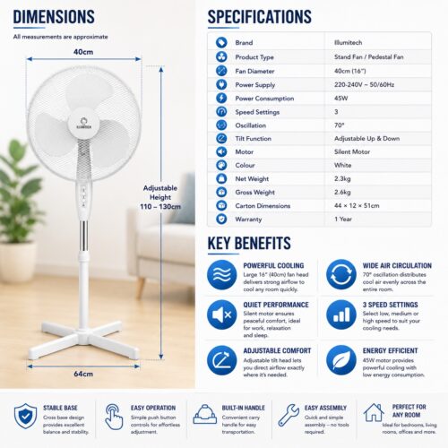 16″ Stand Fan – 3 Speed Settings, Silent Motor, 70° Oscillation, Adjustable Tilt, 45W Pedestal Cooling Fan