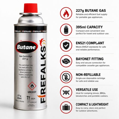 Butane Gas Cartridge 227g (395ml) – EN521 Camping, BBQ & Blowtorch Gas Canister, Bayonet Stove Fuel Refill 9 Butane Gas Cartridge 227g (395ml) – EN521 Camping, BBQ & Blowtorch Gas Canister, Bayonet Stove Fuel Refill