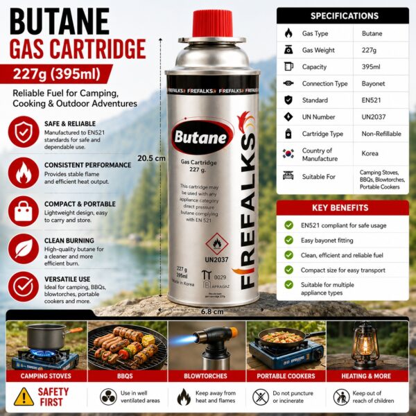 Butane Gas Cartridge 227g (395ml) – EN521 Camping, BBQ & Blowtorch Gas Canister, Bayonet Stove Fuel Refill 5 Butane Gas Cartridge 227g (395ml) – EN521 Camping, BBQ & Blowtorch Gas Canister, Bayonet Stove Fuel Refill